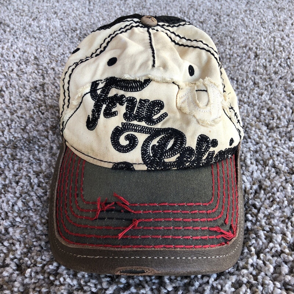 True Religion Embroidered Spellout Hat OSFA Distress Leather Trim Strap Back Cap